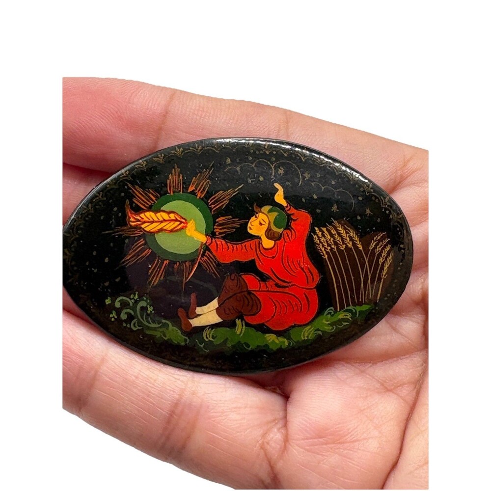 Vintage Russian Palekh Lacquer Brooch Firebird’s Feather Scene Signed Sh. G.